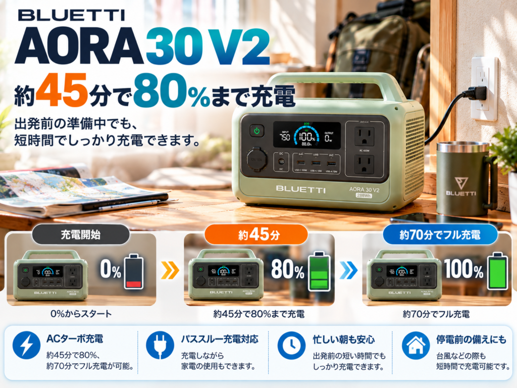 朝の出発準備中に自宅で急速充電しているシーン。「0% → 約45分 → 80%」を視覚化