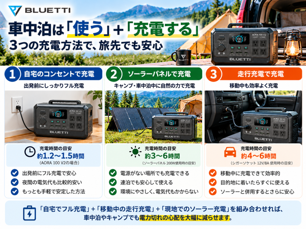 自宅充電・ソーラー・走行充電の3ルートを図解