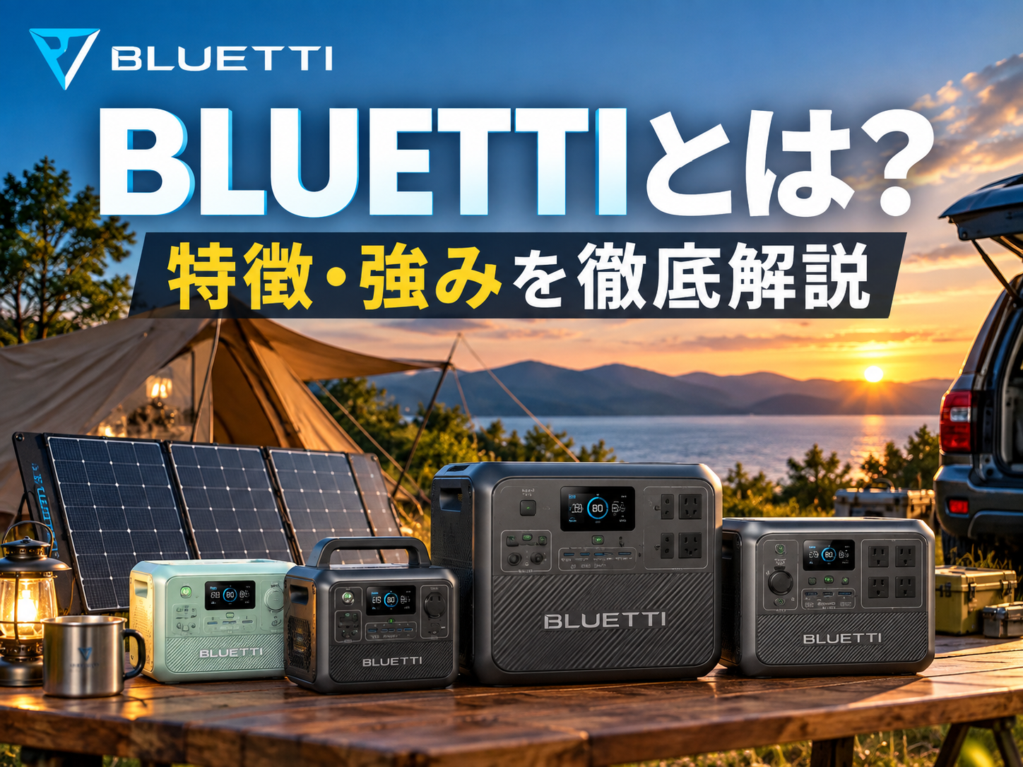 BLUETTIのポータブル電源を中心に、キャンプ・車中泊・防災をイメージできる横長画像