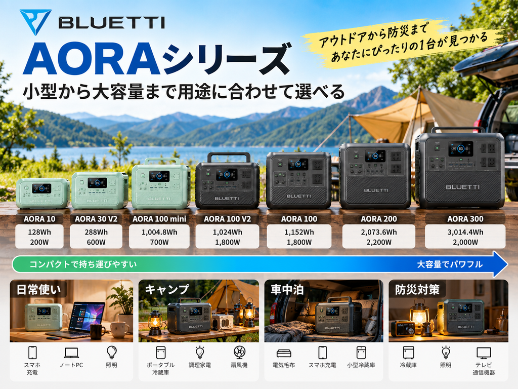 AORA 10 → 30 V2 → 100 mini → 100 V2 → 200 → 300と、小型から大容量になることが視覚的に分かる画像