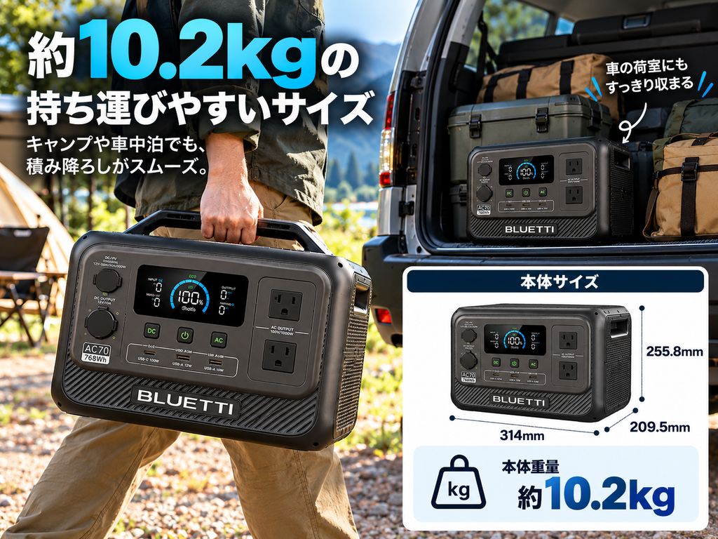 車の荷室にAC70を積んだ画像。「約10.2kg」「314×209.5×255.8mm」を表示