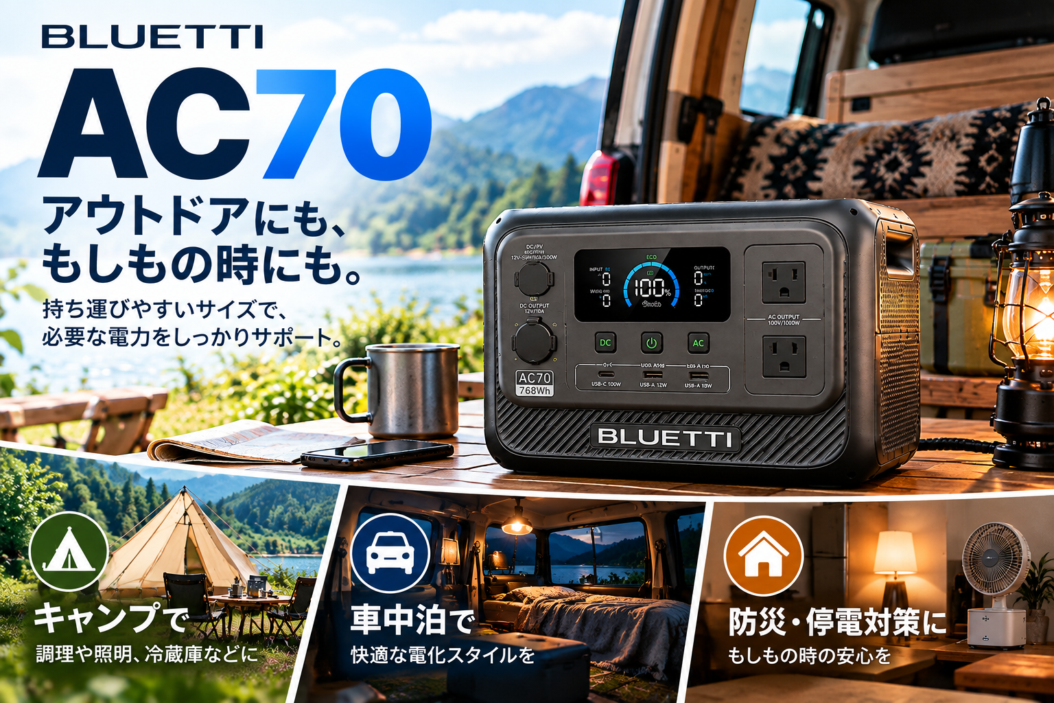 **「BLUETTI AC70｜768Wh・定格出力1,000W」**を大きく表示。キャンプ背景＋AC70本体