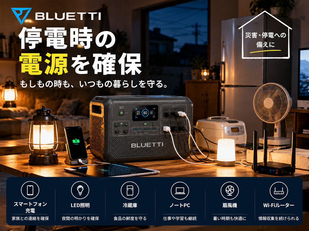 停電した住宅でBLUETTIから照明・スマホ・冷蔵庫などへ給電するイメージ