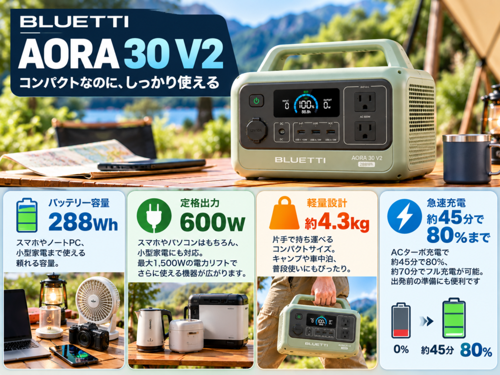 AORA 30 V2の基本スペック紹介。「288Wh・600W・約4.3kg・45分で80％」を4つのポイントで表示