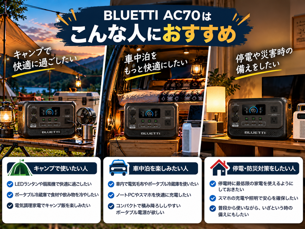 キャンプ・車中泊・停電対策の3シーンをまとめた画像。「AC70はこんな人におすすめ」