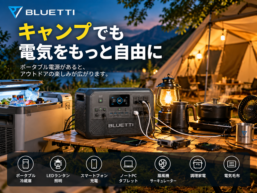 キャンプサイトでBLUETTIからポータブル冷蔵庫・ランタンなどへ給電している場面