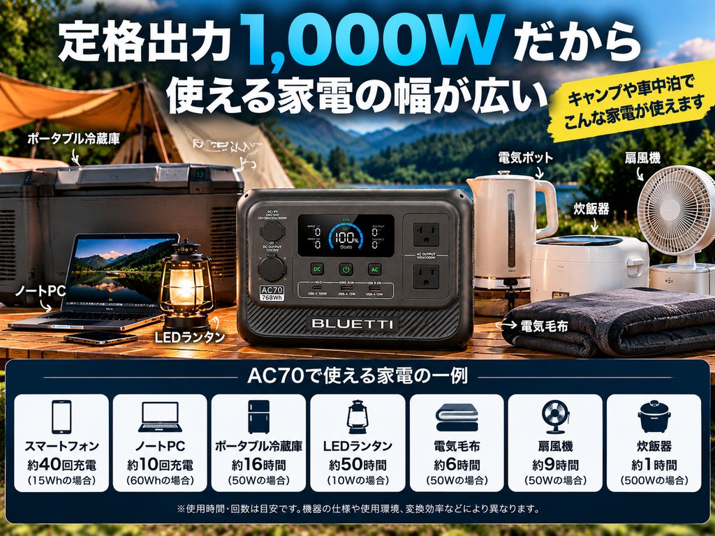 AC70＋使用できる家電のイメージ。電気毛布・冷蔵庫・ノートPC・照明など。「定格出力1,000W」を強調