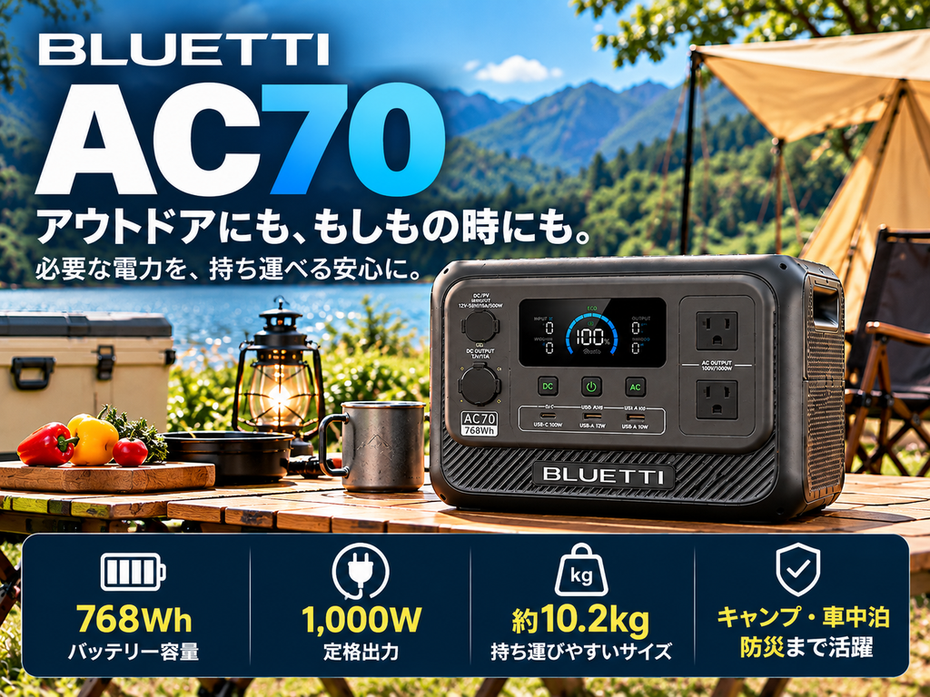 AC70本体の製品紹介画像。768Wh・1,000W・約10.2kgの3ポイントを表示