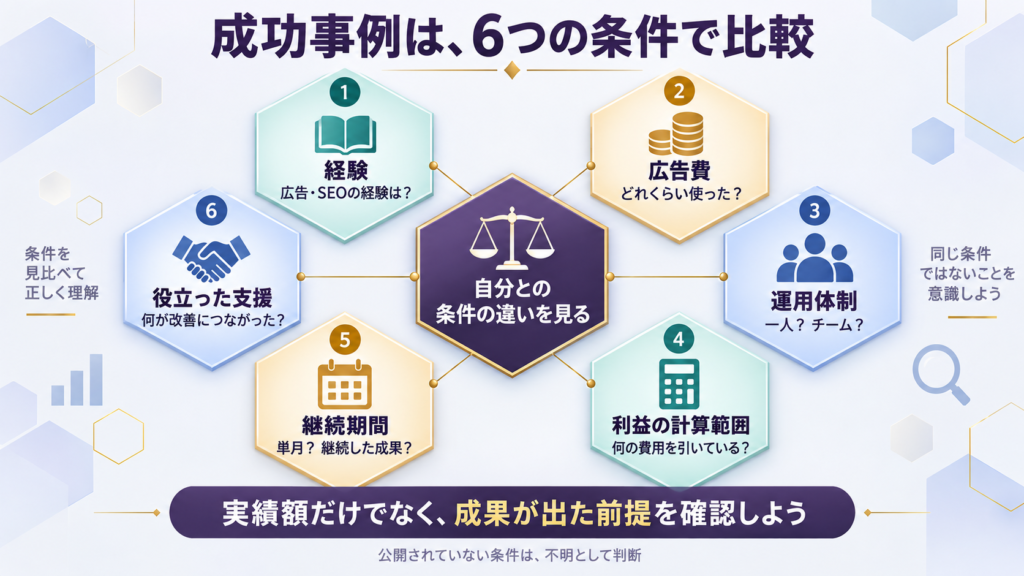 「経験」「広告費」「運用体制」「利益の計算範囲」「継続期間」「役立った支援」を、六角形の比較ボードに配置。中央に「自分との条件の違いを見る」