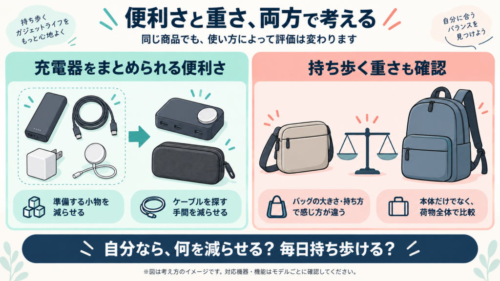 左に「充電器をまとめられる便利さ」、右に「持ち歩く重さ」を配置。バッグと充電器のイラストで比較