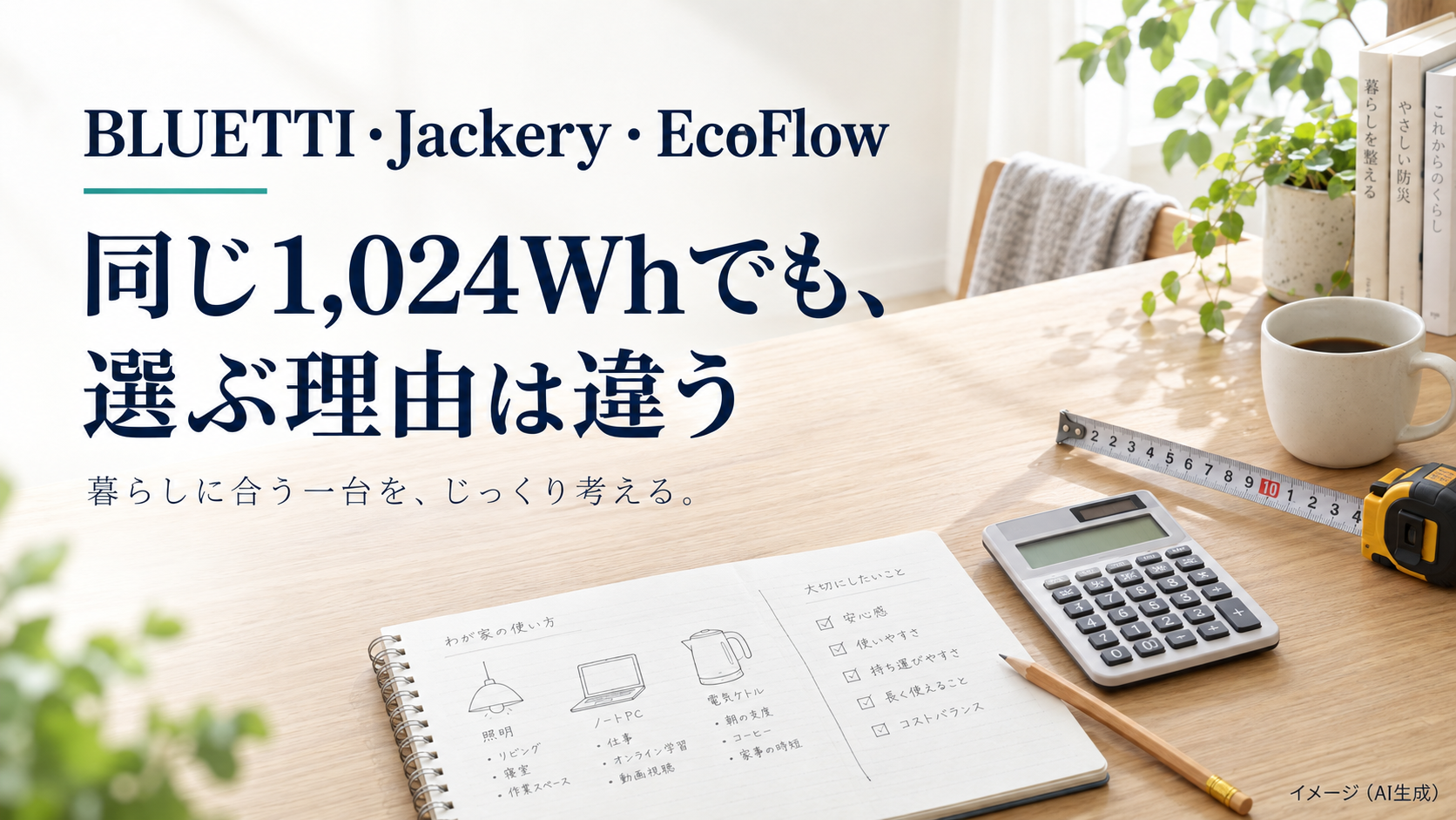 明るい室内のテーブルに、家電の使用メモ、メジャー、電卓を置いた写真