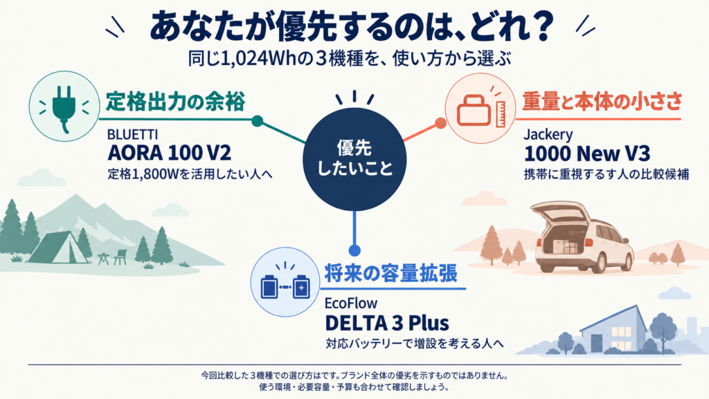 中央の「優先したいことは？」から３方向へ分岐。- 定格出力の余裕 → AORA 100 V2
- 重量と本体の小ささ → 1000 New V3
- 将来の容量拡張 → DELTA 3 Plus