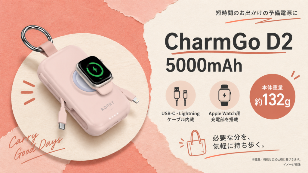 カラビナ、内蔵ケーブル、時計用充電部がわかる商品写真