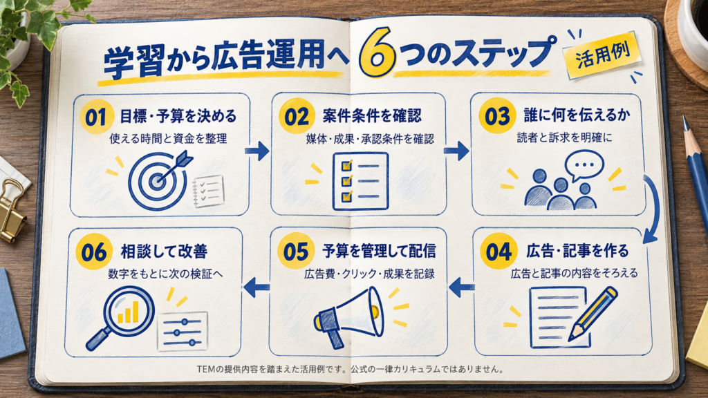「目標・予算の設定から案件確認、広告制作、配信、相談・改善までの6ステップ」