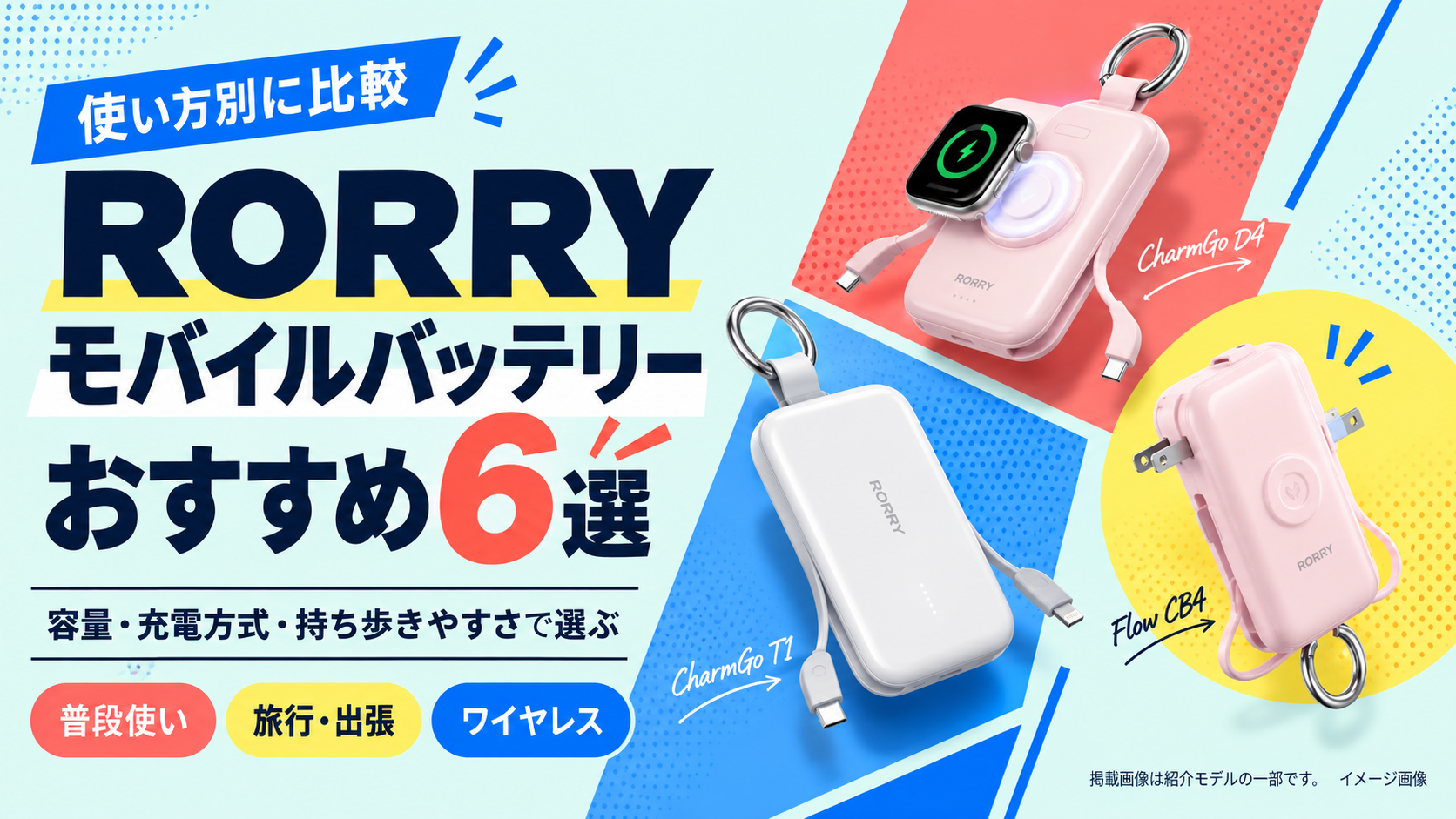 紹介するモデルを並べ、「RORRYのモバイルバッテリー おすすめ6選」と表示