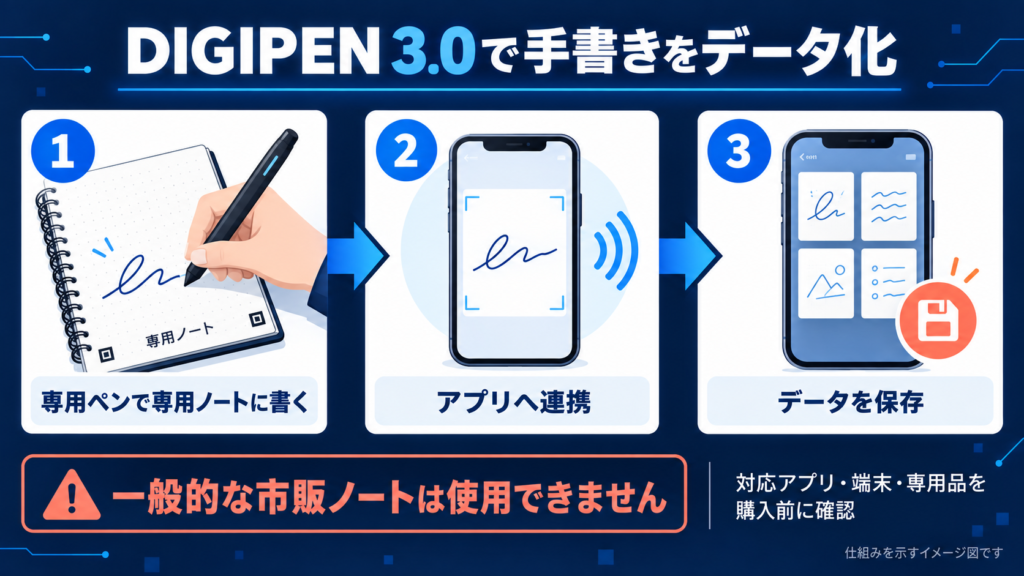 「専用ペンで専用ノートに書く→アプリへ連携→データを保存」の流れ図