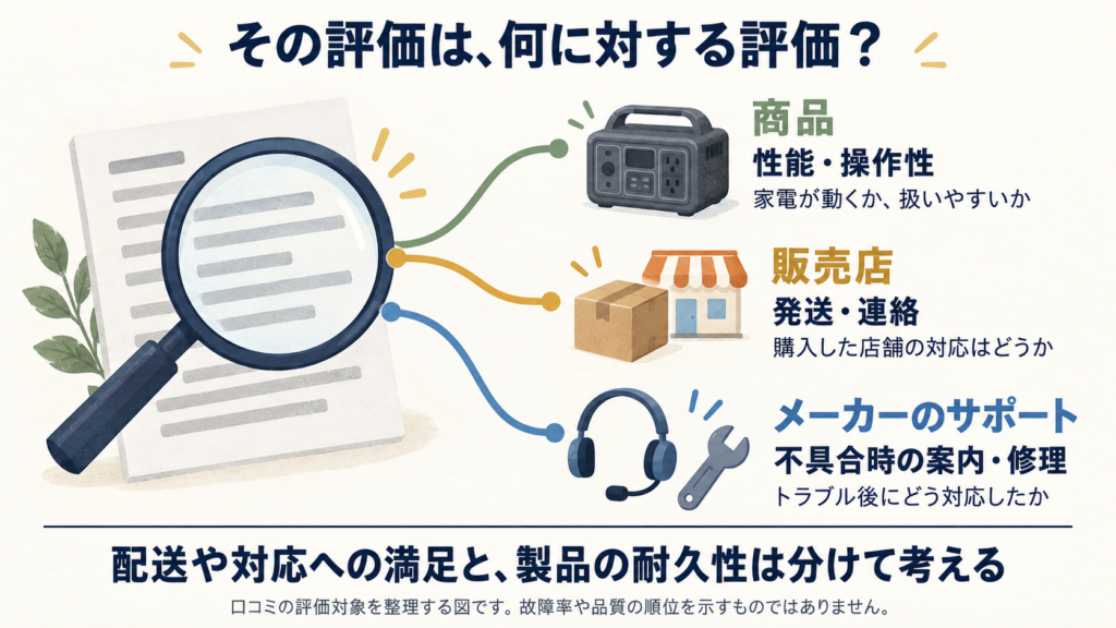 口コミを読む虫眼鏡から、３つの評価対象へ線が分かれる図。- 商品：性能・操作性
- 販売店：発送・連絡
- サポート：不具合時の案内・修理
