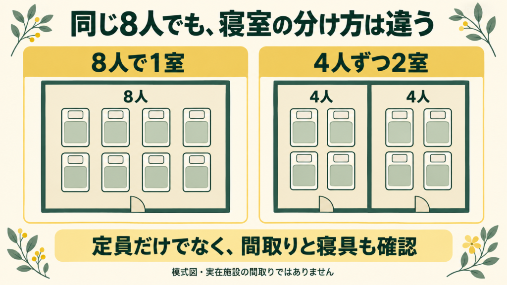 8人で1室を使う場合と、4人ずつ2室に分かれる場合の比較模式図