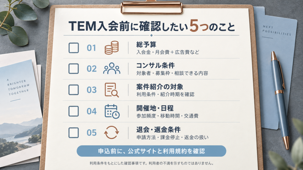 「総予算」「コンサル条件」「案件紹介の対象」「開催地・日程」「退会・返金条件」の5項目。契約前の確認書類をイメージしたチェックリスト風