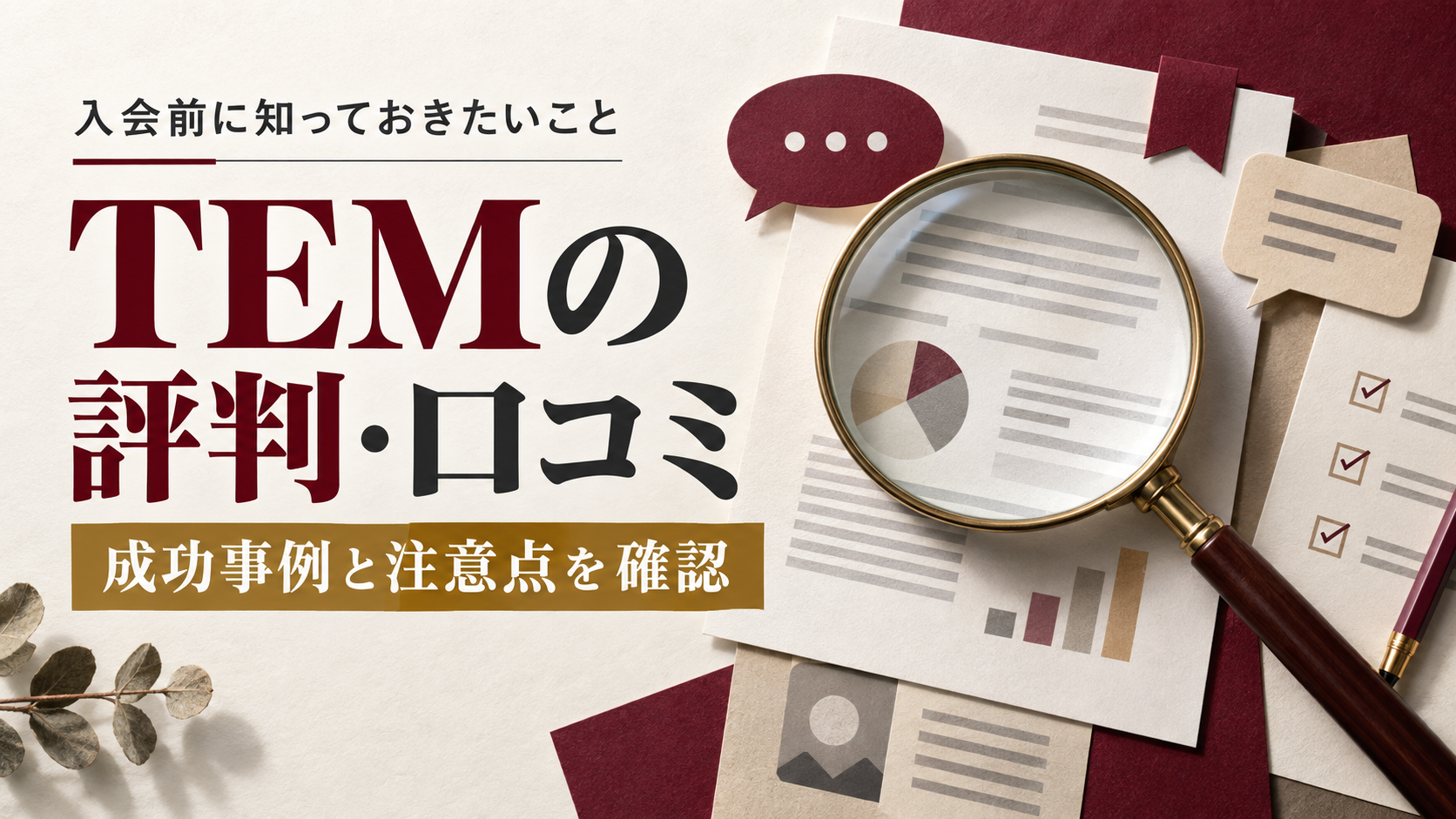 「TEMの評判・口コミ」「成功事例と注意点を確認」の文字。虫眼鏡と資料を使った、雑誌の特集ページ風デザイン