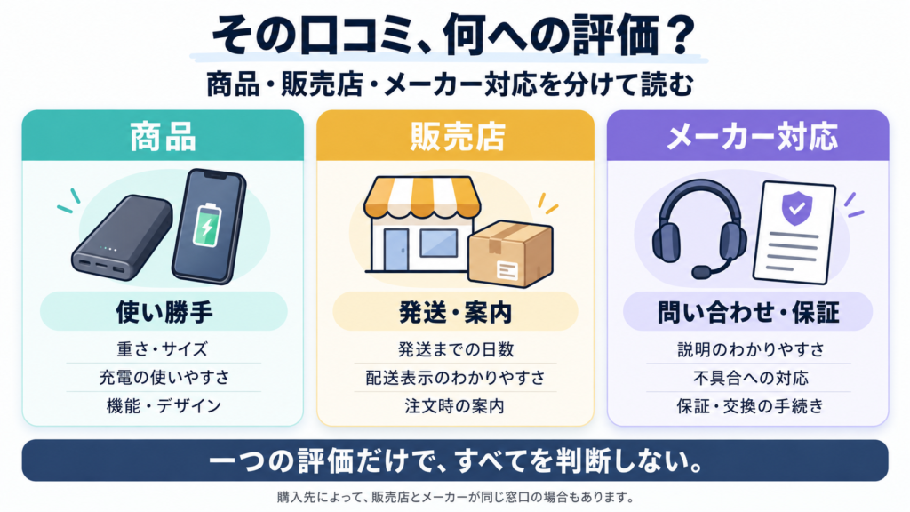 「商品=使い勝手」「販売店=発送・案内」「メーカー対応=問い合わせ・保証」の3つに分けた図解