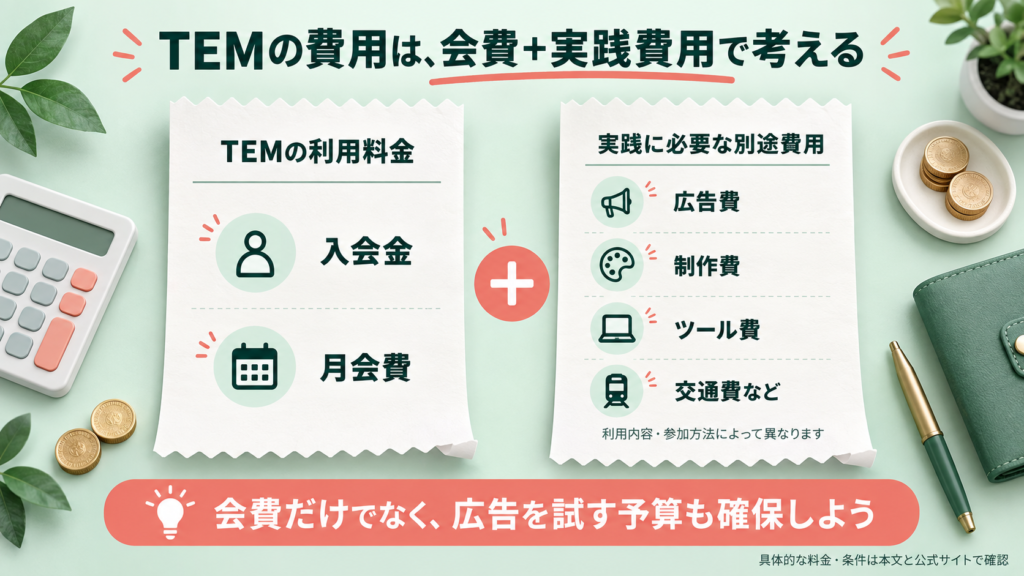TEMの入会金・月会費と、広告費・制作費・ツール費・交通費などの別途費用」