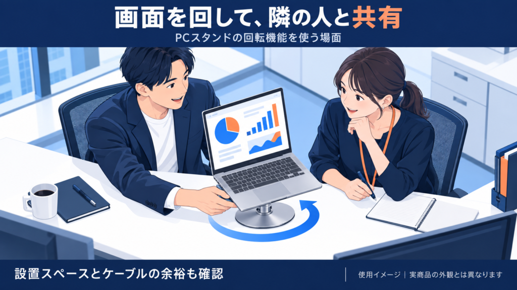 机に置いたPCの画面を、隣の人へ向けるイメージ。回転方向を矢印で表現
