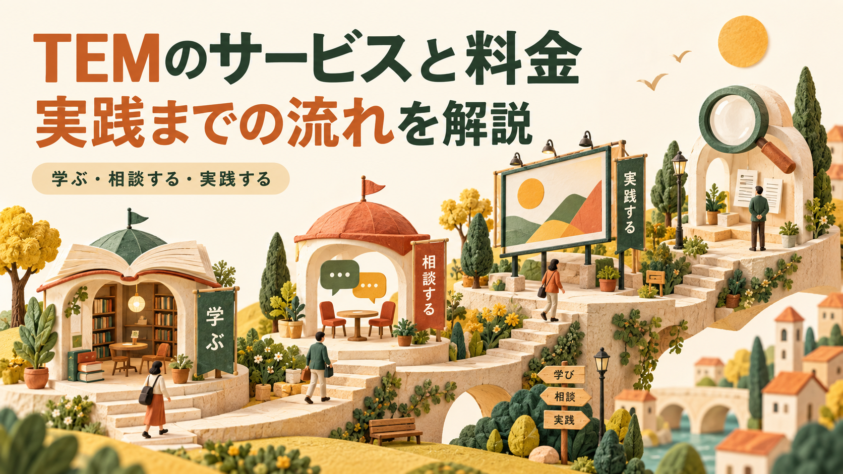 パソコンと広告・学習のイラスト。「TEMのサービスと料金」「実践までの流れを解説」の文字を配置