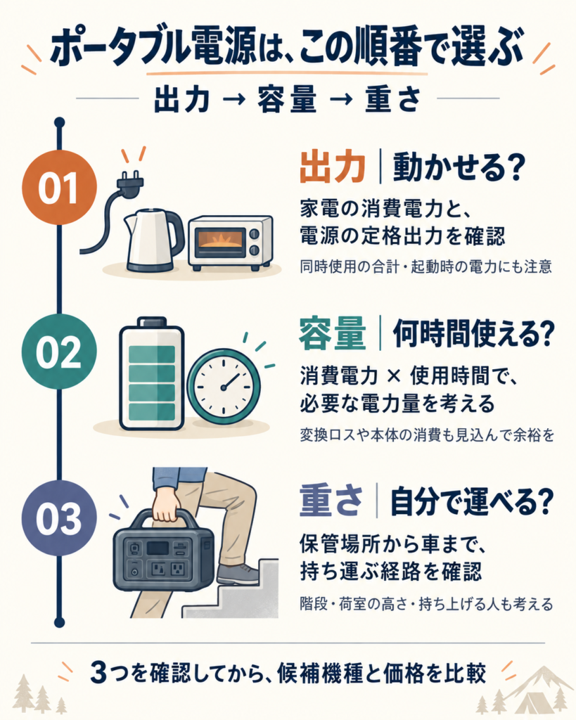 出力：使いたい家電を動かせる？
容量：必要な時間だけ使える？
重さ：自分で持ち運べる？