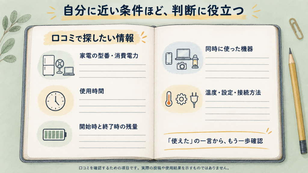 口コミを読むときに探したい条件を、書き込み式の観察ノートとして表現。- 家電の型番・消費電力
- 使用時間
- 開始時と終了時の残量
- 同時に使った機器
- 温度・設定・接続方法