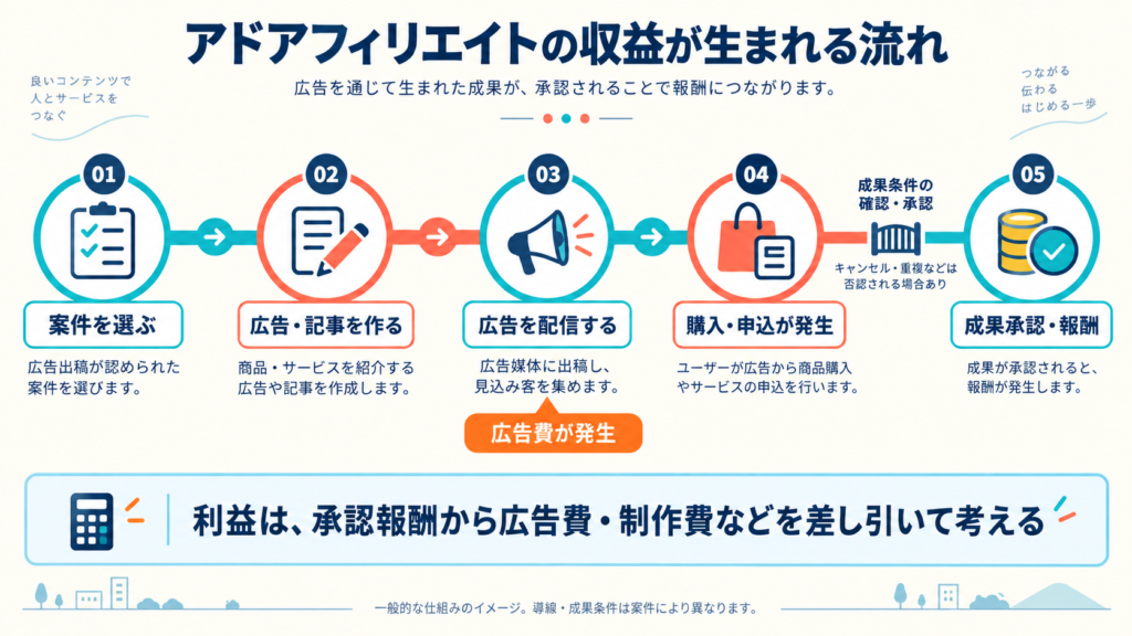 案件選定→広告・記事制作→広告配信→購入・申込→成果承認・報酬」の流れ。「広告費が発生」「承認条件あり」も添える