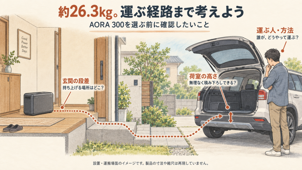 自宅の保管場所から車の荷室までを描いた、横長の生活場面イラスト。