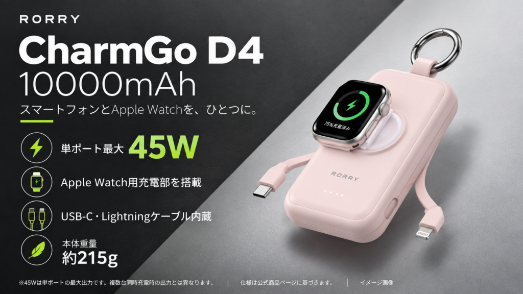 本体とApple Watch用充電部、内蔵ケーブルを紹介する画像