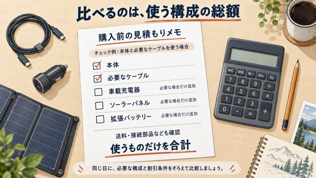本体、必要なケーブル、車載充電器、ソーラーパネル、拡張バッテリーなどを、見積書の項目として見せる。