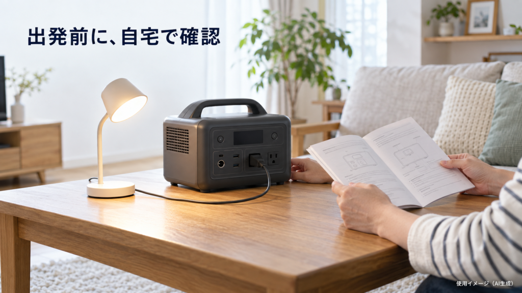 明るい自宅で説明書を開き、ポータブル電源に小型の照明をつないで確認する場面。