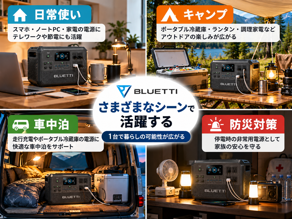 日常使い・キャンプ・車中泊・防災」の4用途を1枚にまとめた4分割画像