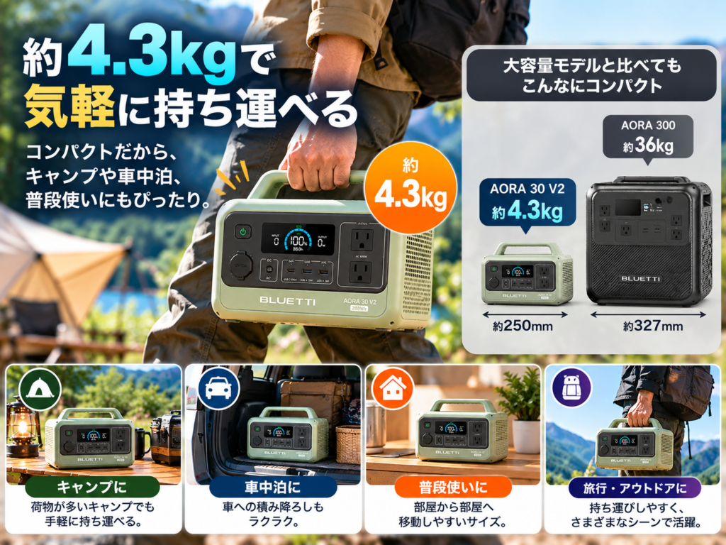 片手でAORA 30 V2を持って移動しているシーン。大型モデルとの差が一目で分かるよう「約4.3kg」を強調