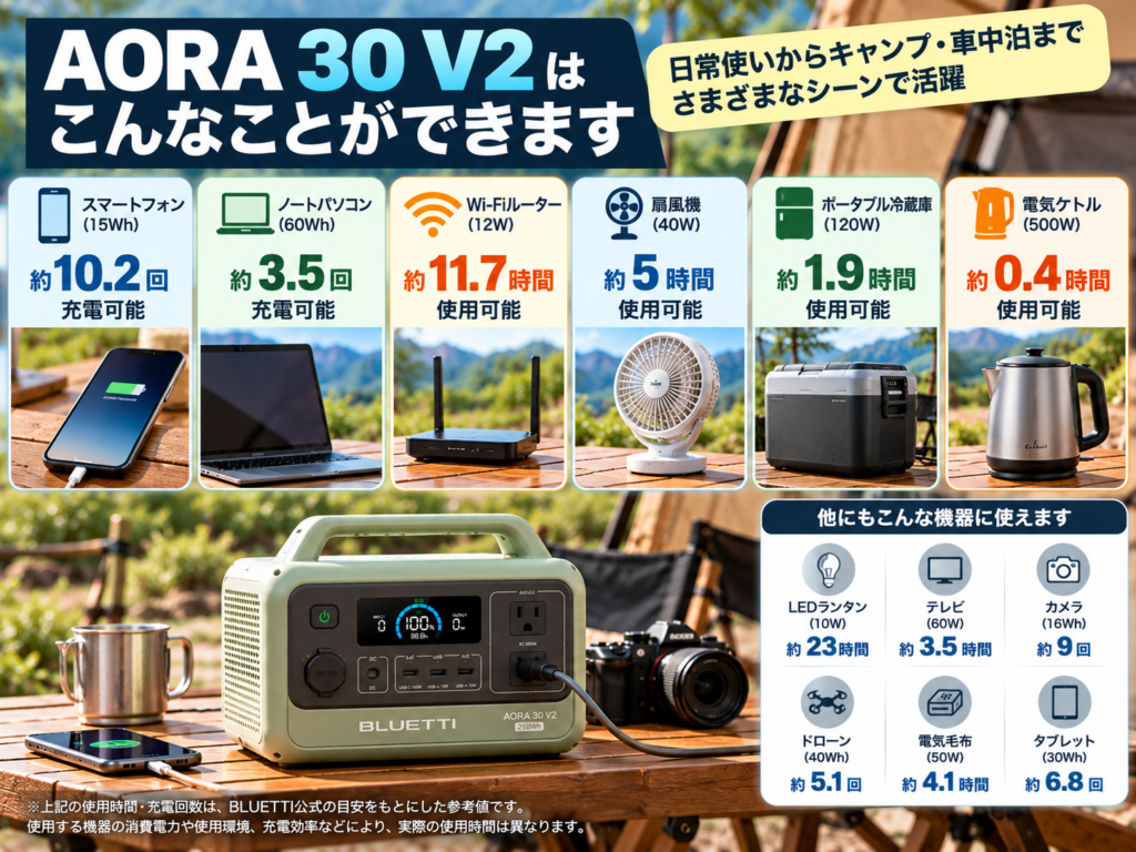 288Whで何ができる？ スマホ・ノートPC・Wi-Fiルーター・扇風機などをアイコンで見せるインフォグラフィック