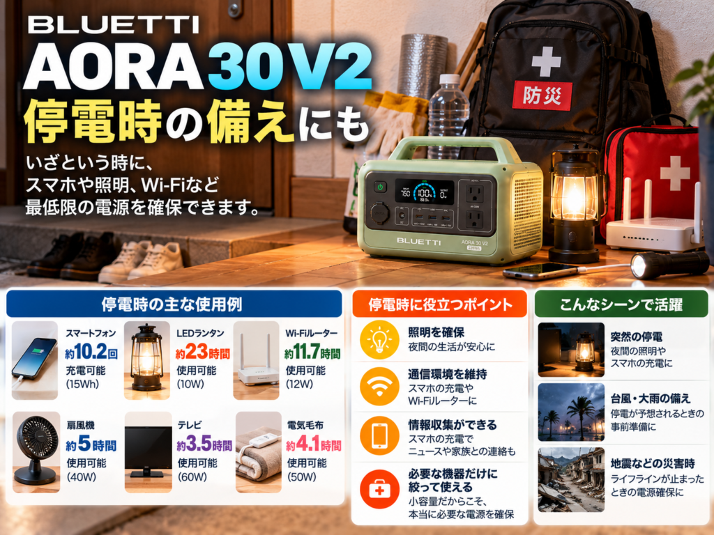 玄関の防災バッグ横にAORA 30 V2を置いたシーン。「停電時のスマホ・照明・Wi-Fi用」を表現