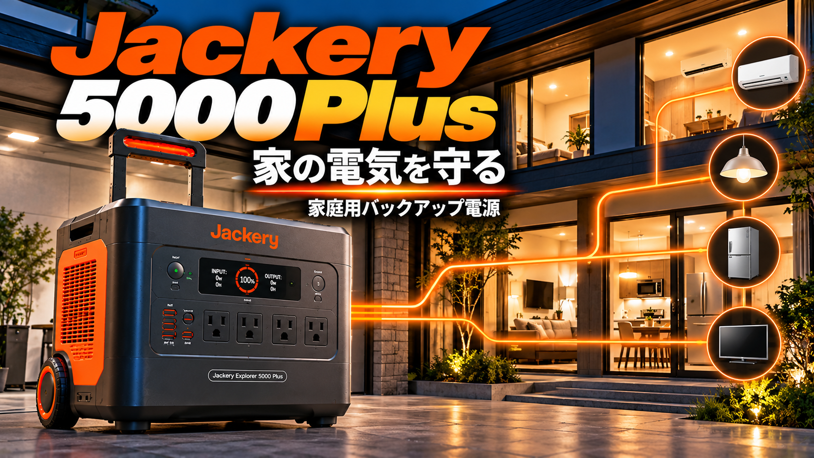 現代的な住宅を背景に5000 Plusを大きく配置。住宅へオレンジ色の電力ラインが伸びる構図。家庭用バックアップ電源らしさを強調