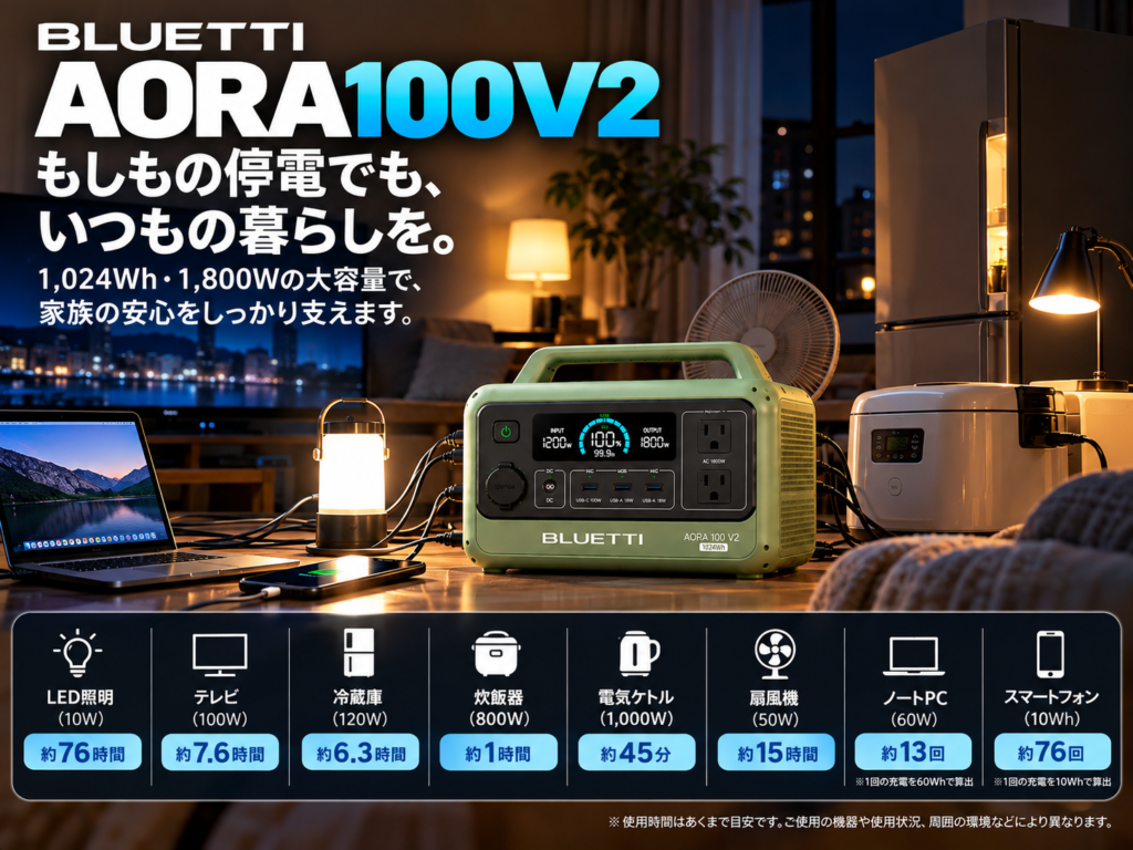 用途別4分割。「キャンプ/車中泊/普段使い/防災」。中央にAORA 100 V2