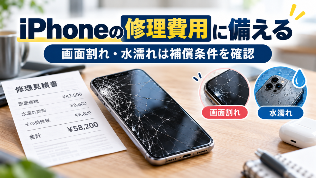中央：画面にひびが入ったiPhone
背景：シンプルなデスク
横に修理費用をイメージするレシート
