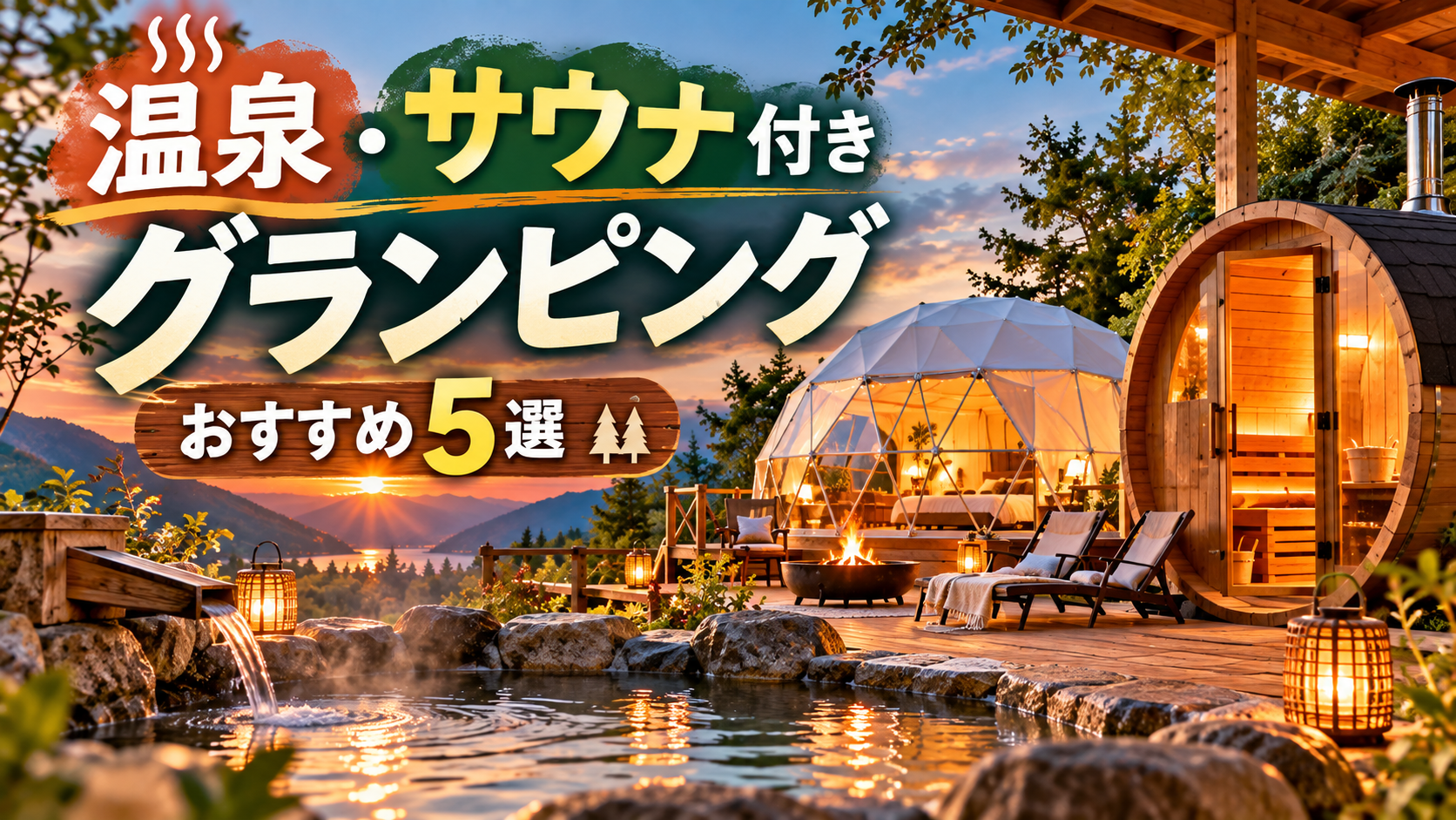 高級感のあるグランピングドーム 屋外に設置された樽型サウナ 自然に囲まれた露天風呂 落ち着いた色合いで、リラックスできる雰囲気 文字は少なめに「温泉・サウナ付きグランピングおすすめ5選」