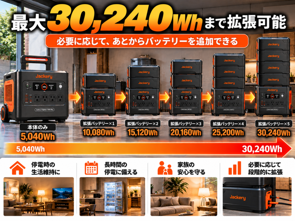 本体から拡張バッテリーが段階的に増えていくインフォグラフィック。3600 Plusの記事とは配置を変え、横方向に容量ゲージを伸ばす