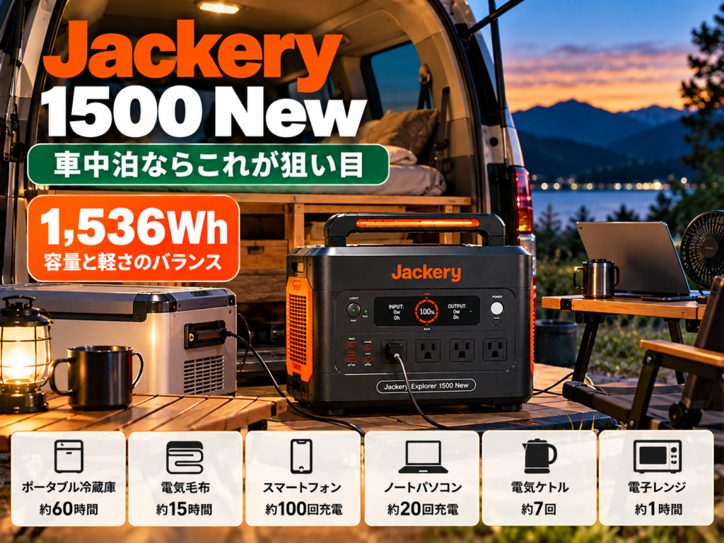 車中泊の車内・バックドア付近で1500 Newを使用。ポータブル冷蔵庫などへ給電