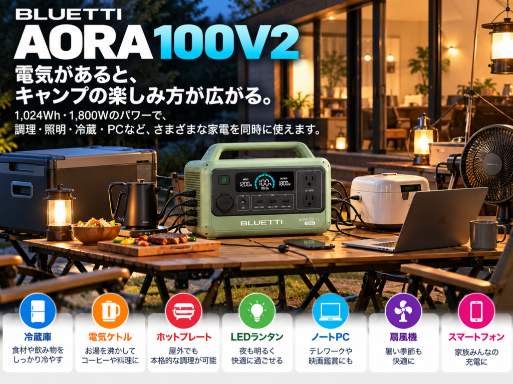 ファミリーキャンプの電化サイト風。冷蔵庫・ケトル・照明・PCなどをAORA 100 V2から給電