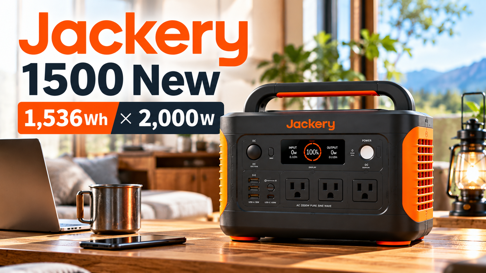 1500 Newを主役にした製品広告風。明るい室内を背景にして、製品を大きく見せる「Jackery 1500 New」「1536Wh × 2000W」