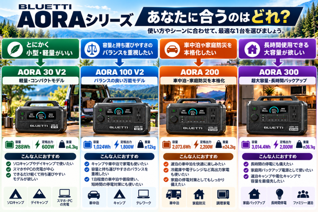 最終選択チャート。「軽さ→30 V2」「バランス→100 V2」「車中泊・防災→200」「容量最優先→300」。読者が画像だけで選べる構成