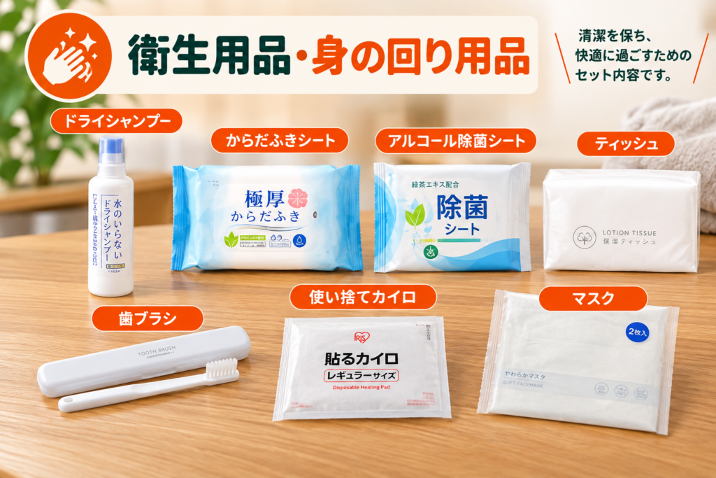 あかまる防災かばんに含まれる衛生用品。ドライシャンプー、からだふきシート、アルコール除菌シート、ティッシュ、歯ブラシ、使い捨てカイロ、マスク