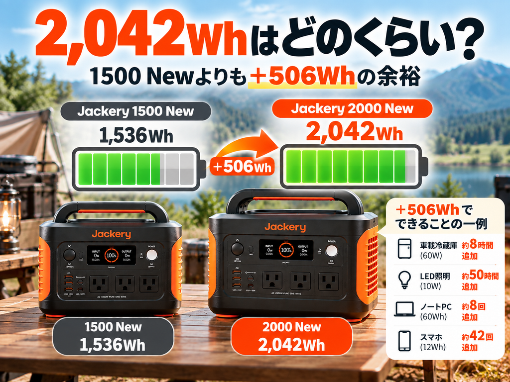 大きなバッテリーゲージを中心にした図解。1,536Wh→2,042Whへ増えるイメージ